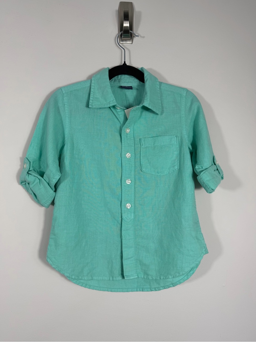 Baby Gap Boys Aqua Linen Cotton Roll Tab Button Down Shirt 4T